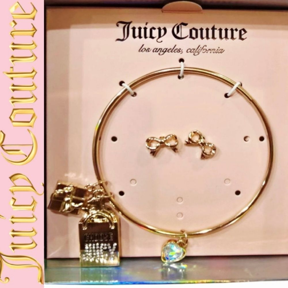 Juicy Couture Logo Shopping Bag, Heart, & Gifts Charm Bracelet & Bow Earring Set